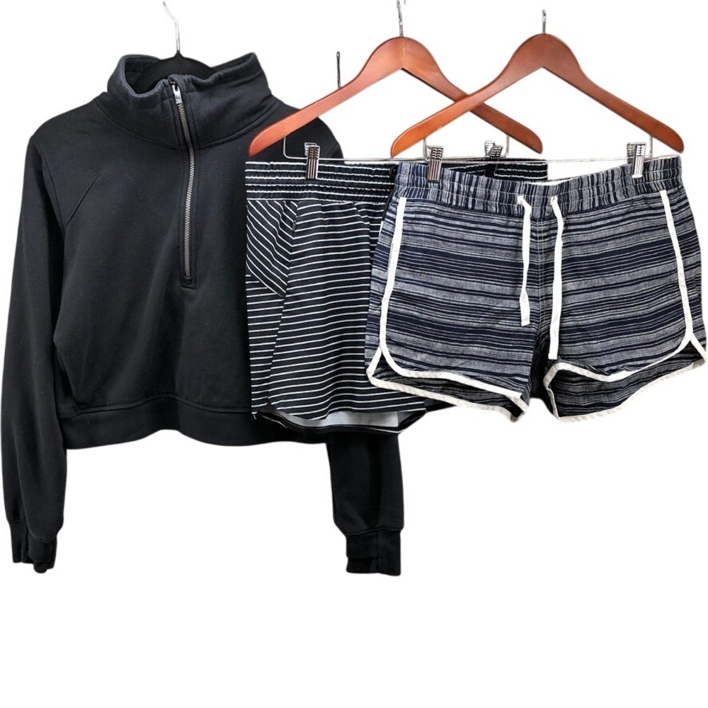 Athleta All in Motion Activewear Womens L 12 Black Striped 3pc Set Quarter Zip